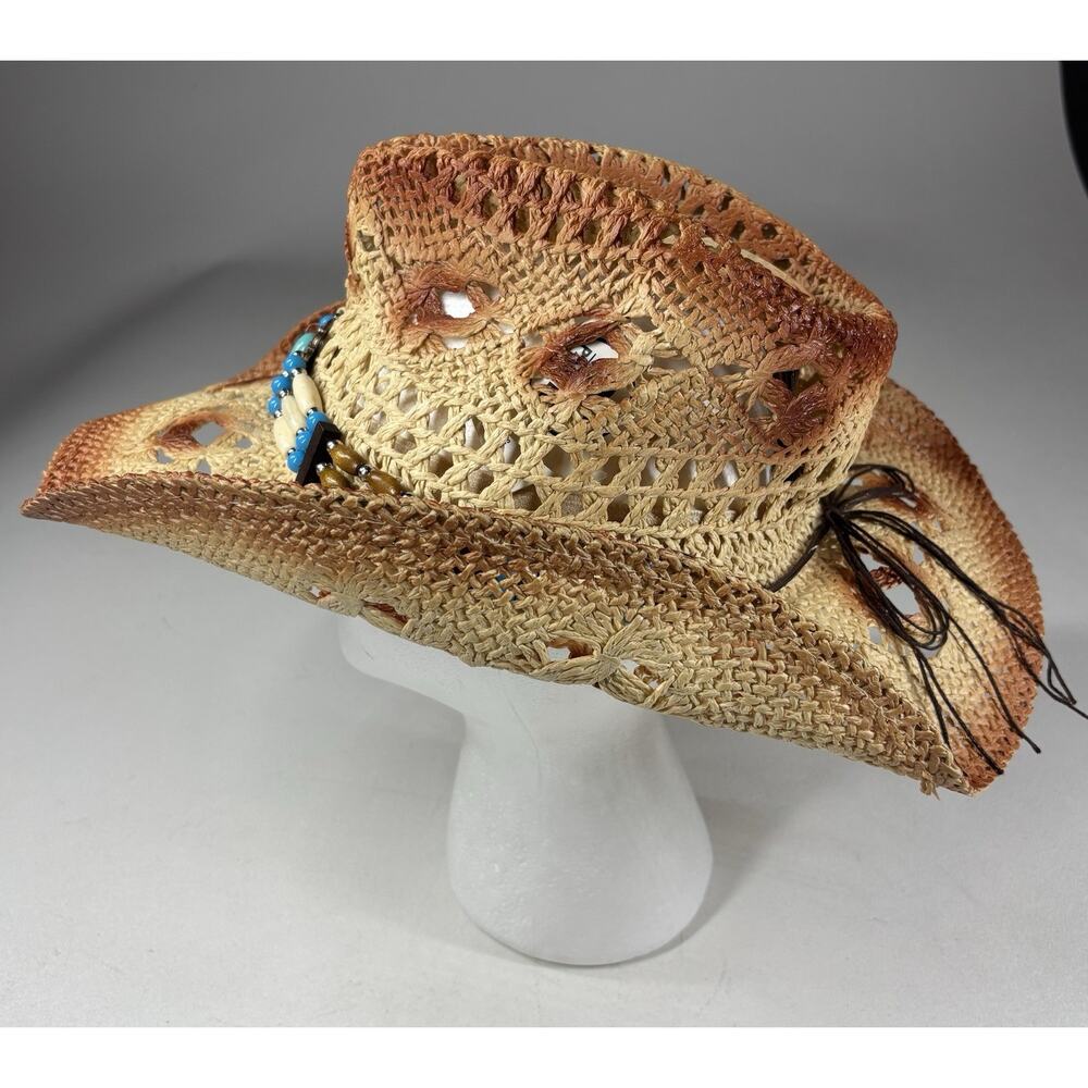 Fluffy Sense Straw Cowboy Hat Women Western Boho Turquoise Beaded Festival NWT - Picture 7 of 10